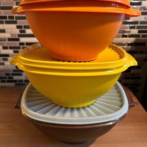 Vintage Tupperware Set of Bowls Orange Brown and Yellow Mixing Bowls with Lids